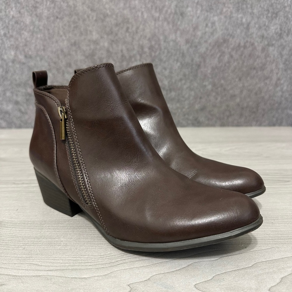 Esprit Timber Ankle Boots Womens 9 Brown Faux Leather Side Zip Block Heel Bootie